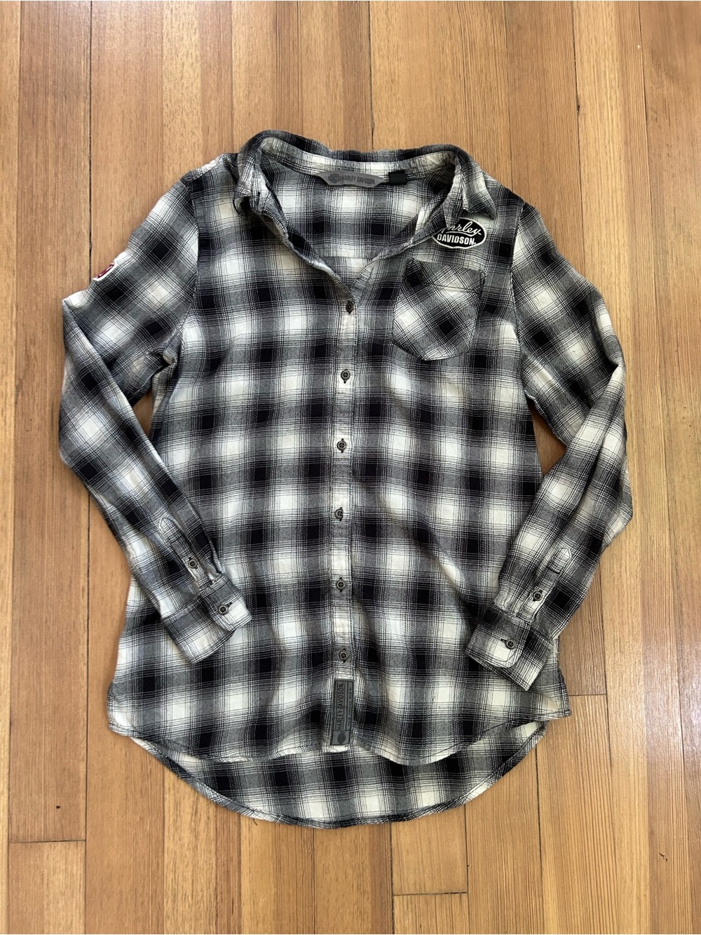 Women's Harley-Davidson Motorclothes Long Sleeve Black Orange Plaid Shirt medium